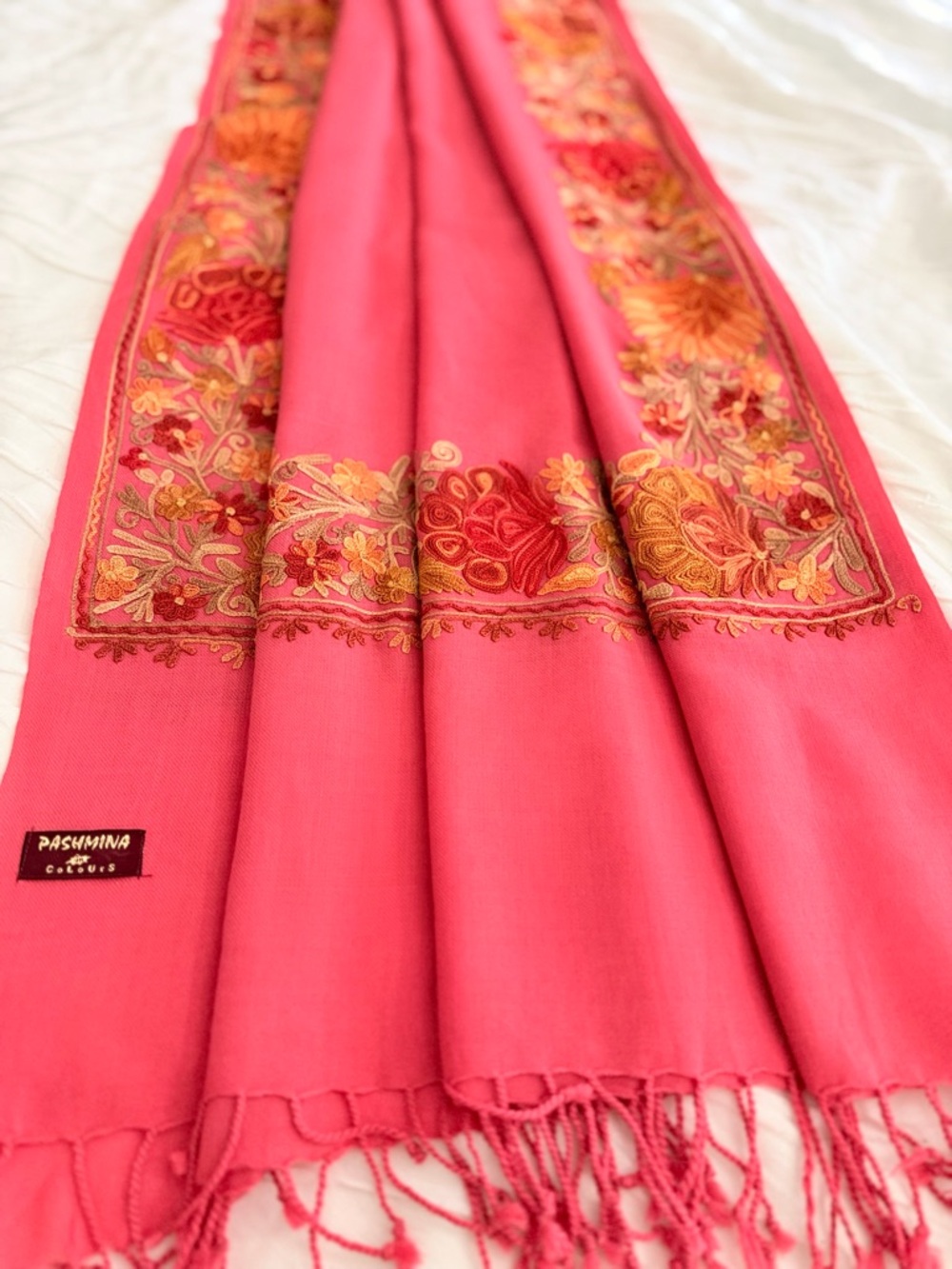 pashmina Vibrant Pink Embroidered Floral Border Shawl